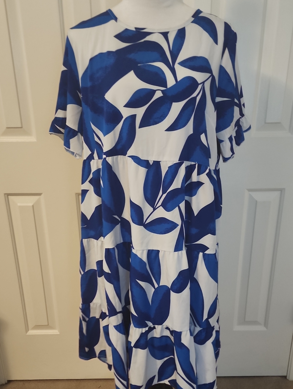 White & Blue Leaf-Print Tiered Maxi Dress